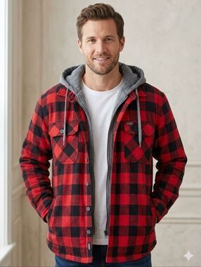 Smiths Red & Black Buffalo Plaid Sherpa-Lined Hooded Shacket Workwear M